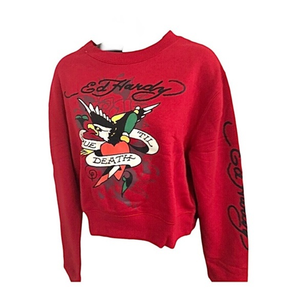 Ed Hardy red graphic print ‘true till death’ Don Ed Hardy printed sweatshirt - Picture 3 of 12